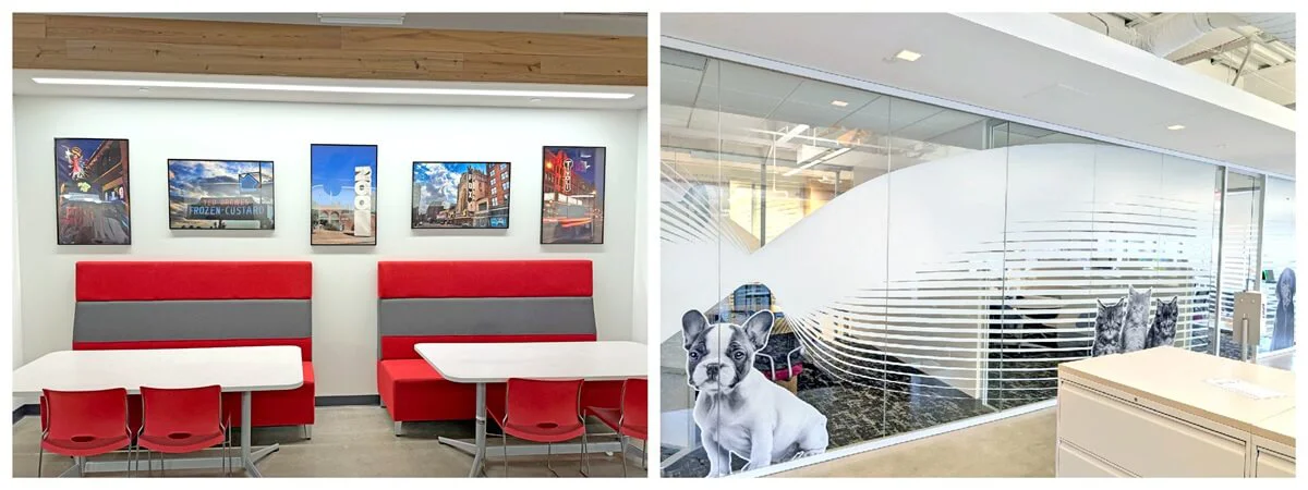 A collage of the interior vinyl privacy film showcasing dogs and cats and the wall mounted imagery and vinyl booths in the Royal Canin office.
